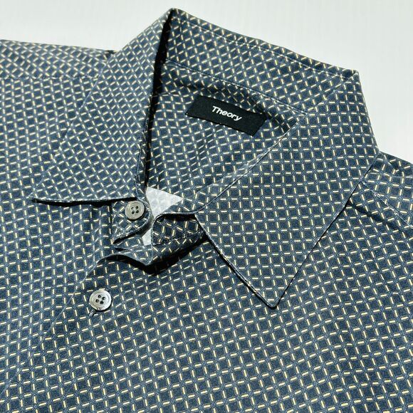 Theory Shirt Size L Navy Blue White Geometric Print Short Sleeve Button Up - Picture 1 of 7